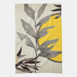 Yellow & Gray Watercolor Leaves Tea Towel