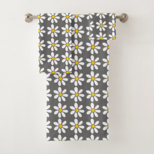 Yellow Gray White Daisy Pattern Bath Towel Set