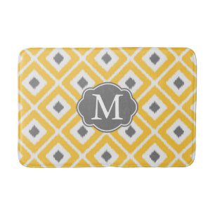Yellow, Gray, White Ikat Diamond Pattern Bath Mat