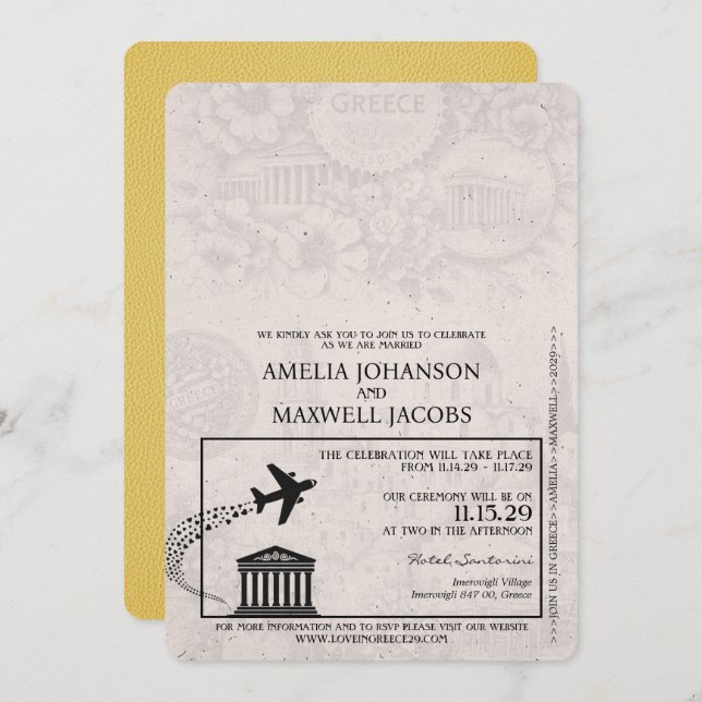 Yellow Greece Passport Wedding Invitation (Front/Back)
