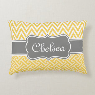 Yellow Greek Key Chevron Patterns Grey Name Decorative Cushion