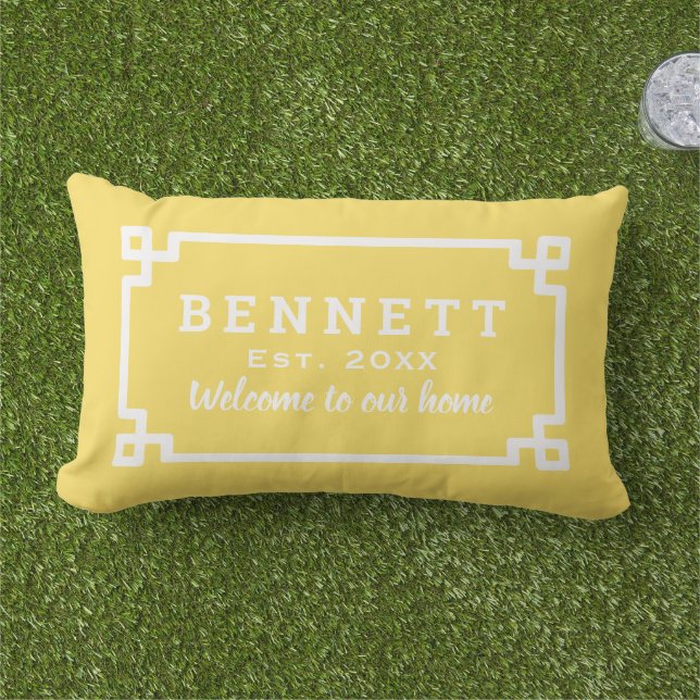 Yellow Greek Key Custom Monogram Welcome Lumbar Cushion (Grass)