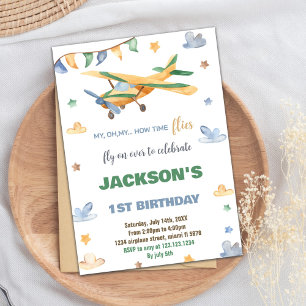 Yellow Green Aeroplane Birthday Invitations