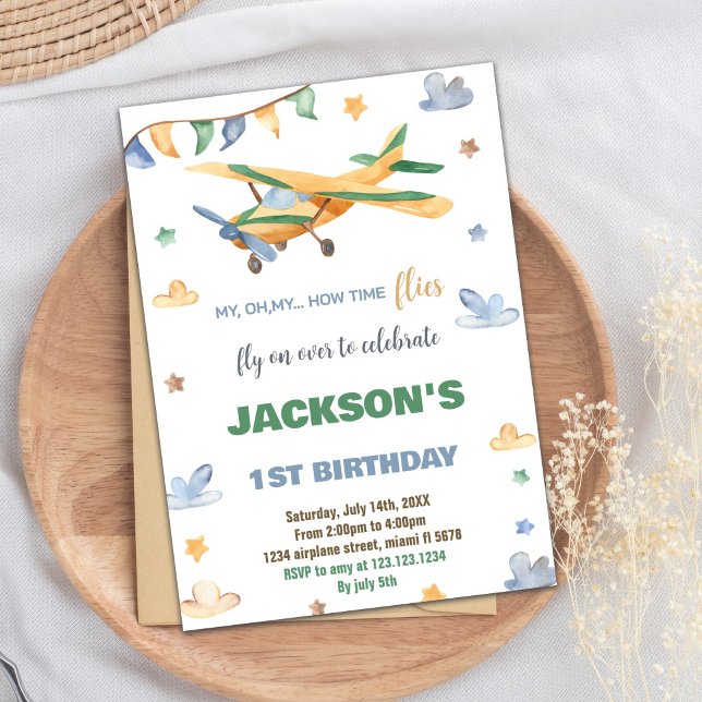 Yellow Green Aeroplane Birthday Invitations (Yellow Green Airplane Birthday Invitations)