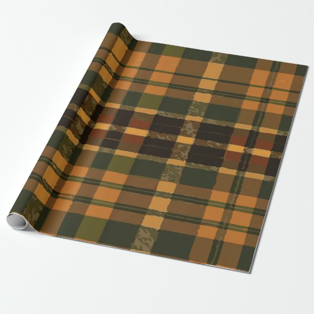 Yellow Green and Brown Plaid Rustic Cozy Pattern Wrapping Paper (Unrolled)