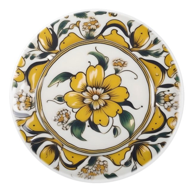 Yellow, Green and White Floral Custom Ceramic Knob (Front)