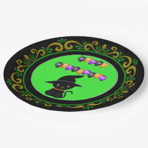 Yellow Green Black Cat Happy Halloween Balloons Paper Plate