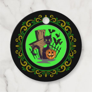 Yellow Green Black Cat Tombstone Bats Halloween Favour Tags