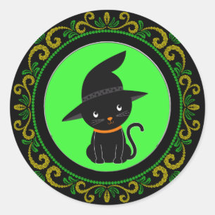 Yellow Green Black Cat With A Witch Hat Halloween Classic Round Sticker