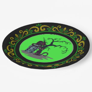 Yellow Green Black Cats Tombstone Tree Halloween Paper Plate