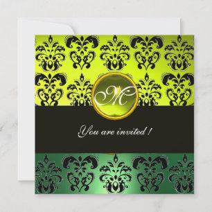 YELLOW GREEN BLACK DAMASK MONOGRAM, topaz Invitation