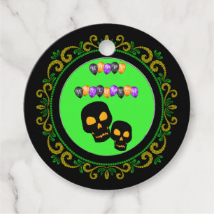 Yellow Green Black Skulls Happy Halloween Balloons Favour Tags