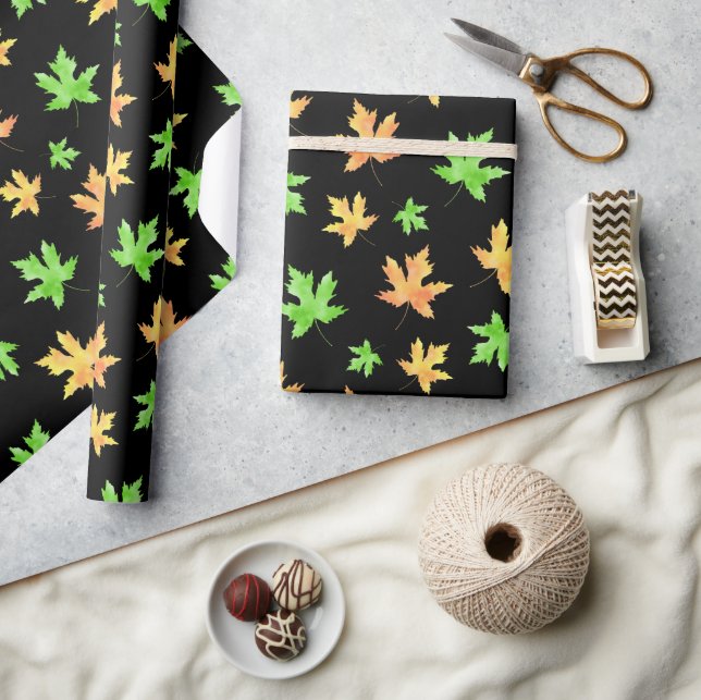 Yellow Green Black Watercolor Maple Leaf Pattern Wrapping Paper (Crafts)