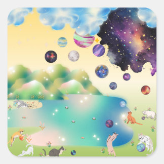 Yellow Green Blue Purple Cats Playing Planets Square Sticker