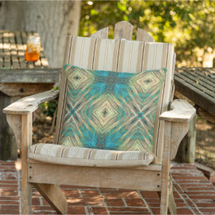Yellow Green Blue Teal Turquoise Blue Tribal Art Cushion