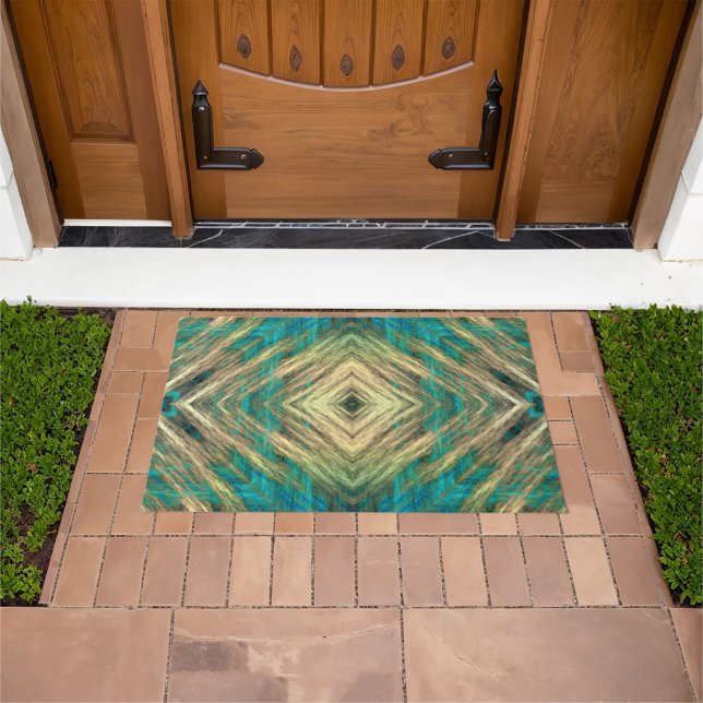Yellow Green Blue Teal Turquoise Blue Tribal Art Doormat (Outdoor)