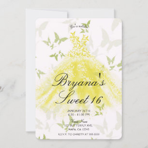 Yellow Green Butterfly Dance Dress Sweet 16 Party Invitation