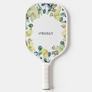 Yellow Green Calla Lily Floral Modern Monogram  Pickleball Paddle