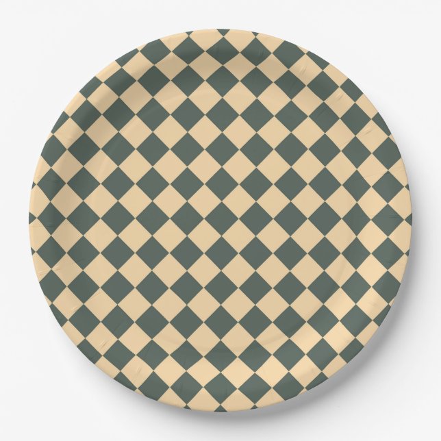 Yellow Green Checker Diamond Pattern Paper Plate (Front)
