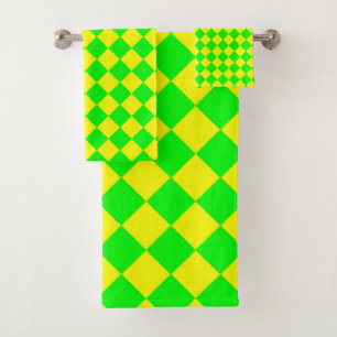Yellow Green Chequered Diamond Pattern Bath Towel Set