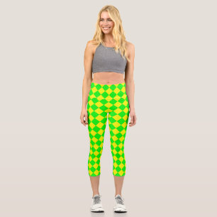 Yellow Green Chequered Diamond Pattern Capri Leggings