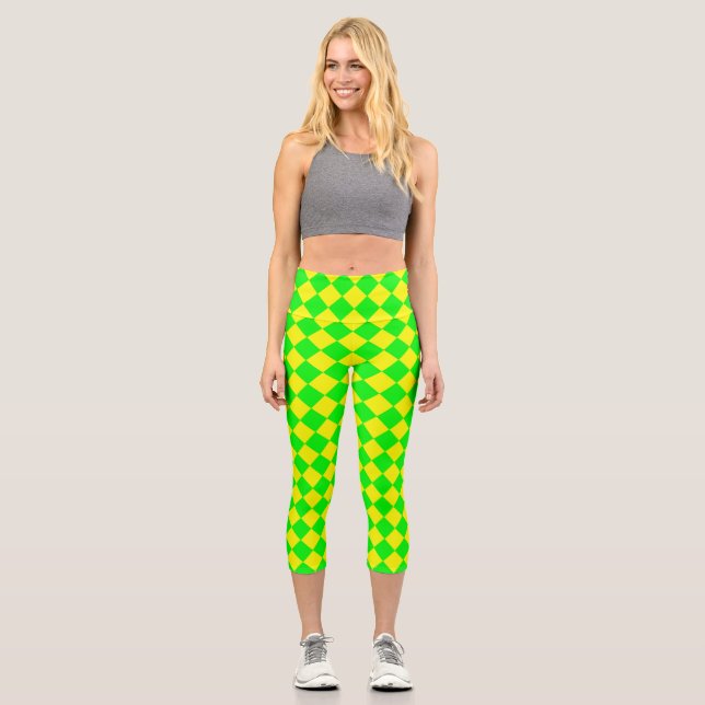 Yellow Green Chequered Diamond Pattern  Capri Leggings (Front)