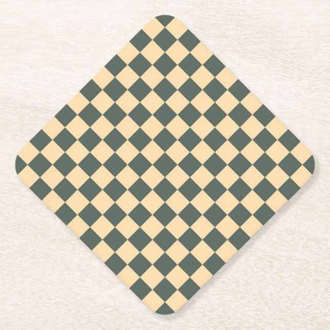 Yellow Green Chequered Diamond Pattern Paper Coaster (Front)