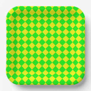 Yellow Green Chequered Diamond Pattern Paper Plate