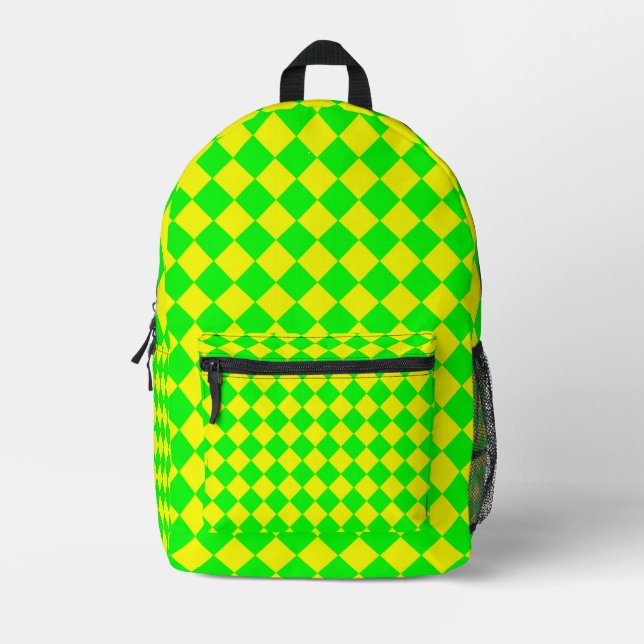 Yellow Green Chequered Diamond Pattern Printed Backpack (Front)
