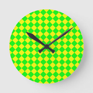Yellow Green Chequered Diamond Pattern Round Clock