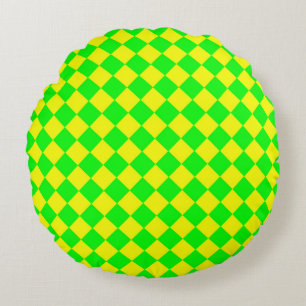 Yellow Green Chequered Diamond Pattern  Round Cushion
