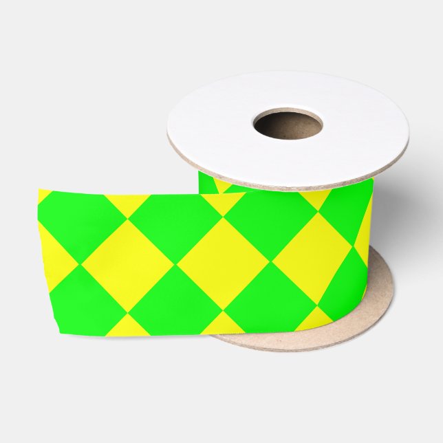 Yellow Green Chequered Diamond Pattern Satin Ribbon (Spool)
