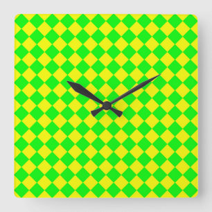 Yellow Green Chequered Diamond Pattern Square Wall Clock