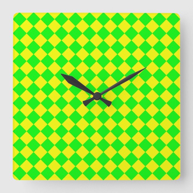 Yellow Green Chequered Diamond Pattern Square Wall Clock (Front)