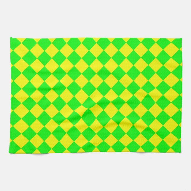 Yellow Green Chequered Diamond Pattern  Tea Towel (Horizontal)