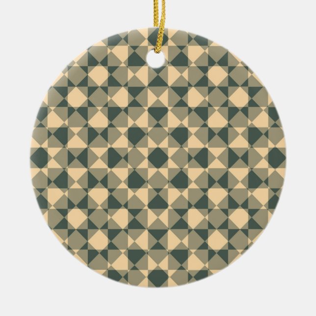 Yellow Green Chequered Diamond Plaid Pattern Ceramic Ornament (Front)