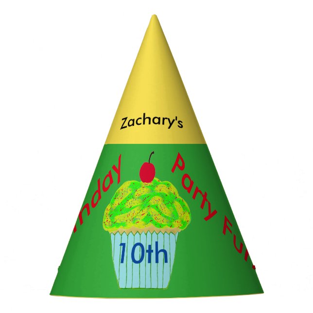 Yellow Green Cupcake Personalised Birthday Hats (Front)