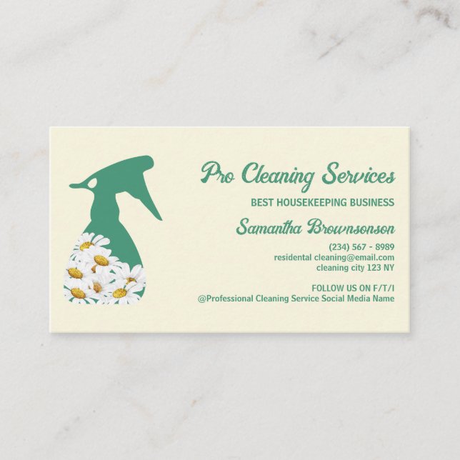 Yellow Green Daisy Spray Bottle Cleaning gardening Business Card (Front)