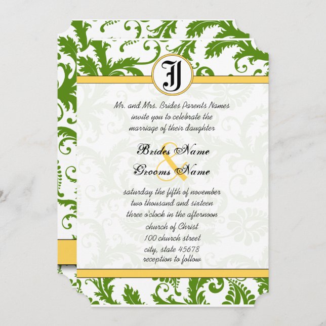 Yellow & Green Damask Swirls Wedding Invitations (Front/Back)