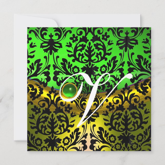 YELLOW GREEN EMERALD BLACK DAMASK MONOGRAM INVITATION (Front)