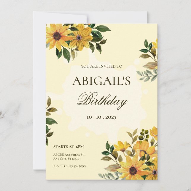 Yellow green floral birthday invitation (Front)