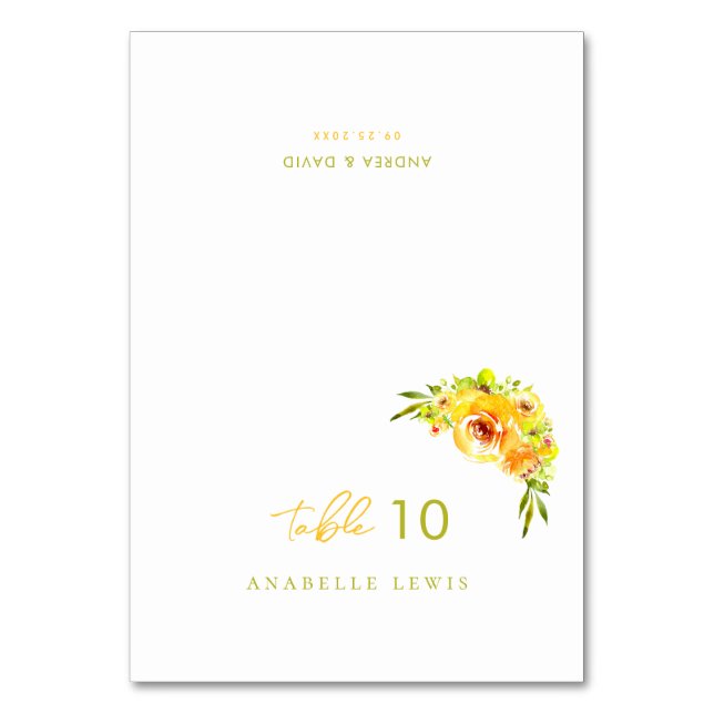 Yellow Green Floral Guest Name Wedding Place Card (Front)