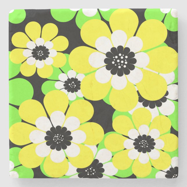 Yellow green flowers stone coaster (Front)