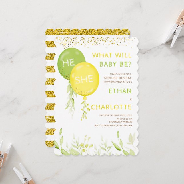 Yellow & Green Gender Reveal Baby Shower Party Invitation (Front/Back In Situ)