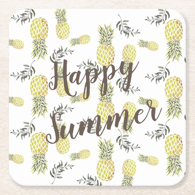 Yellow green & Gold PINEAPPLE HAPPY SUMMER Square Paper Coaster (Front)