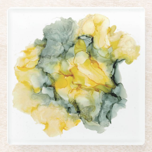 Yellow & Green Grey Abstract Coaster (Front)