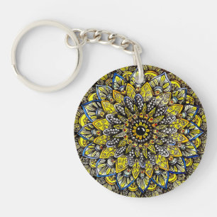 Yellow Green Hand Drawn Mandala Design Key Ring