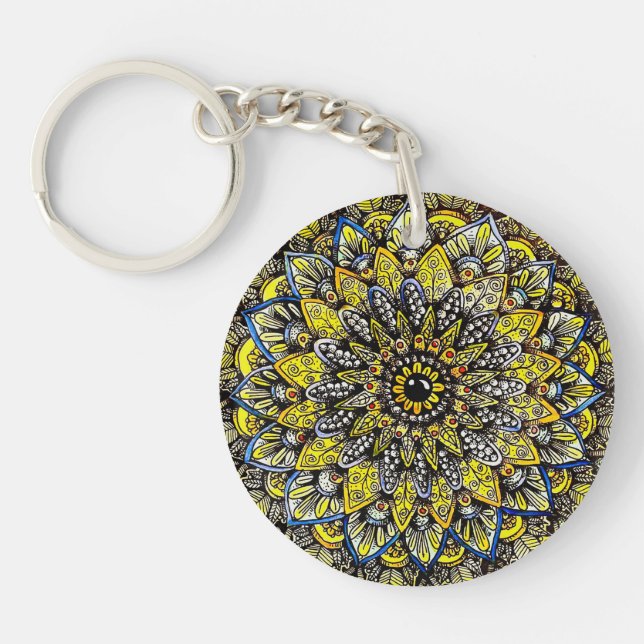 Yellow Green Hand Drawn Mandala Design Key Ring (Front)