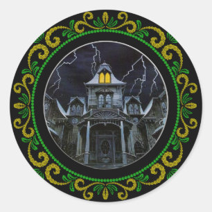 Yellow Green Haunted House Halloween Classic Round Sticker
