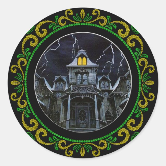 Yellow Green Haunted House Halloween Classic Round Sticker (Front)